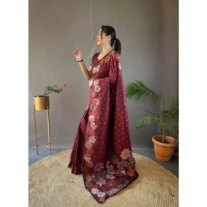 Women's Soft Litchi Silk Jacquard Work Saree With Unstitched Blouse 5.5Mtr (Maroon) - Image 3