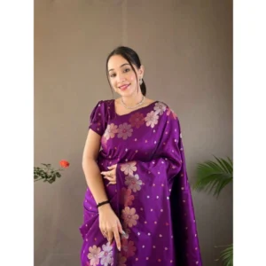 Women's Soft Litchi Silk Jacquard Work Saree With Unstitched Blouse 5.5Mtr (Purple) - Image 2