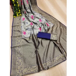 Women's Soft Litchi Silk Jacquard Work Saree With Unstitched Blouse 5.5Mtr (Blue) - Image 2