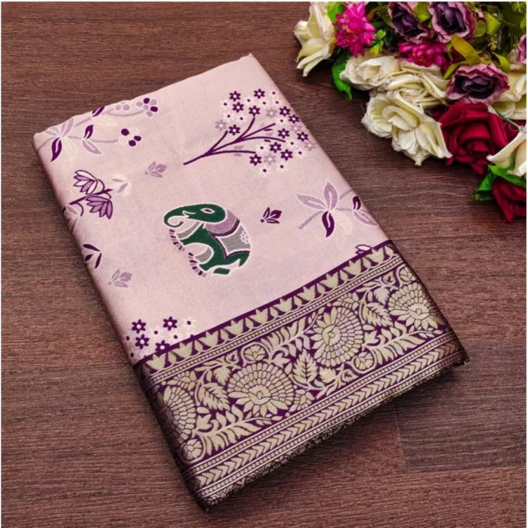 Women's Soft Litchi Silk Jacquard Work Saree With Unstitched Blouse 5.5Mtr (Purple)
