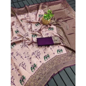 Women's Soft Litchi Silk Jacquard Work Saree With Unstitched Blouse 5.5Mtr (Purple) - Image 2
