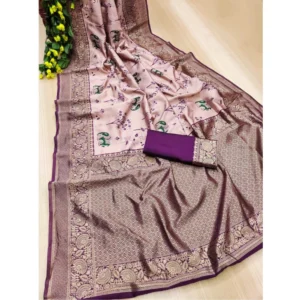 Women's Soft Litchi Silk Jacquard Work Saree With Unstitched Blouse 5.5Mtr (Purple) - Image 3