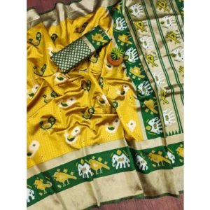 Women's Soft Litchi Silk Jacquard Work Saree With Unstitched Blouse 5.5Mtr (Yellow-Green) - Image 2