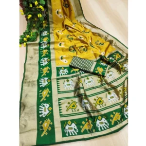 Women's Soft Litchi Silk Jacquard Work Saree With Unstitched Blouse 5.5Mtr (Yellow-Green) - Image 3