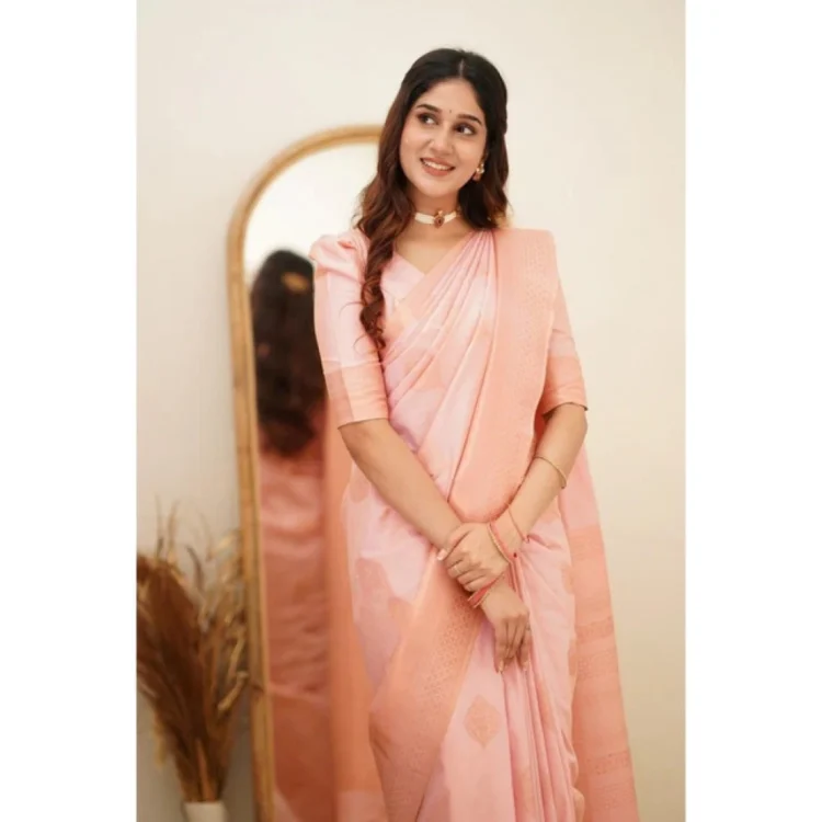 Women's Soft Litchi Silk Jacquard Work Saree With Unstitched Blouse 5.5Mtr (Pink)