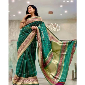 Women's Soft Litchi Silk Jacquard Work Saree With Unstitched Blouse 5.5Mtr (Green) - Image 4