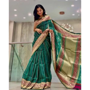 Women's Soft Litchi Silk Jacquard Work Saree With Unstitched Blouse 5.5Mtr (Green) - Image 3