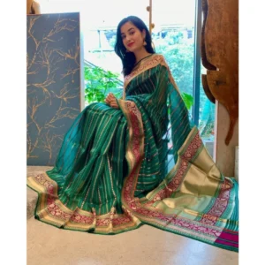 Women's Soft Litchi Silk Jacquard Work Saree With Unstitched Blouse 5.5Mtr (Green) - Image 2
