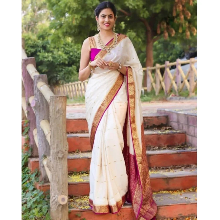 Women's Soft Litchi Silk Jacquard Work Saree With Unstitched Blouse 5.5Mtr (White)