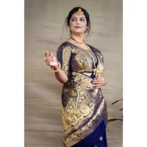 Women's Soft Litchi Silk Jacquard Work Saree With Unstitched Blouse 5.5Mtr (Blue) - Image 2