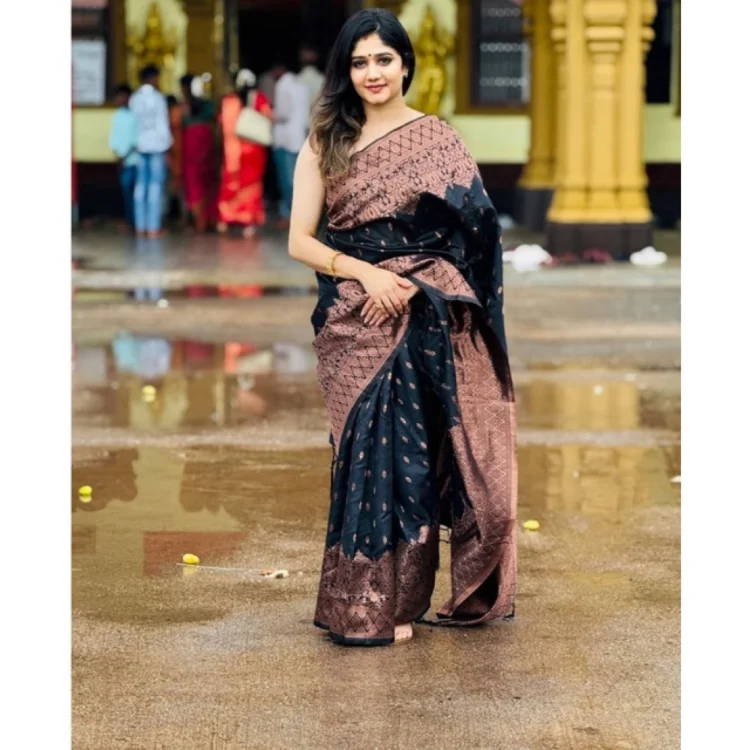 Women's Soft Litchi Silk Jacquard Work Saree With Unstitched Blouse 5.5Mtr (Black)