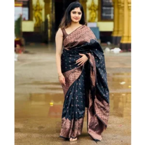 Women's Soft Litchi Silk Jacquard Work Saree With Unstitched Blouse 5.5Mtr (Black) - Image 3