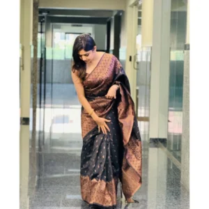 Women's Soft Litchi Silk Jacquard Work Saree With Unstitched Blouse 5.5Mtr (Black) - Image 2