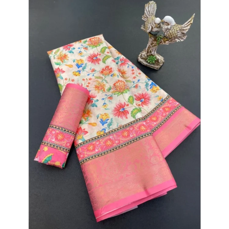 Women's Soft Dola Cotton Printed Saree With Unstitched Blouse 5.5Mtr (Pink)