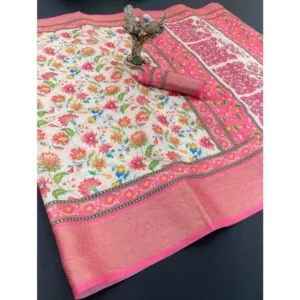 Women's Soft Dola Cotton Printed Saree With Unstitched Blouse 5.5Mtr (Pink) - Image 2