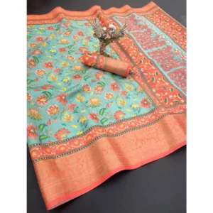 Women's Soft Dola Cotton Printed Saree With Unstitched Blouse 5.5Mtr (Green) - Image 2