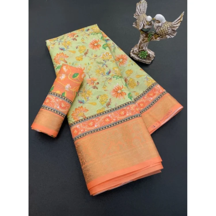 Women's Soft Dola Cotton Printed Saree With Unstitched Blouse 5.5Mtr (Orange)