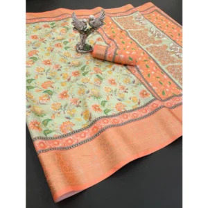 Women's Soft Dola Cotton Printed Saree With Unstitched Blouse 5.5Mtr (Orange) - Image 2