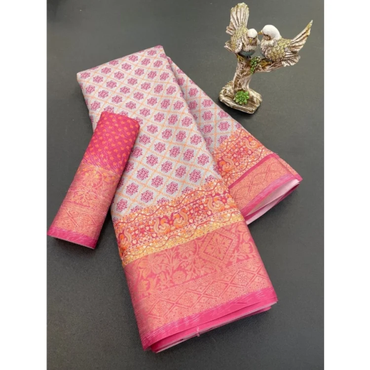 Women's Soft Dola Cotton Printed Saree With Unstitched Blouse 5.5Mtr (Pink)