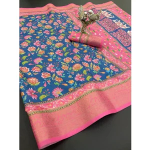 Women's Soft Dola Cotton Printed Saree With Unstitched Blouse 5.5Mtr (Blue) - Image 2