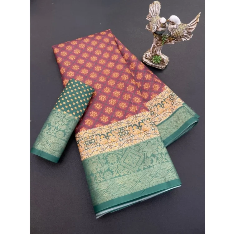 Women's Soft Dola Cotton Printed Saree With Unstitched Blouse 5.5Mtr (Maroon)