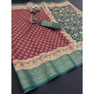 Women's Soft Dola Cotton Printed Saree With Unstitched Blouse 5.5Mtr (Maroon) - Image 2