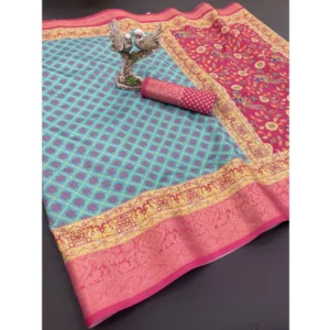 Women's Soft Dola Cotton Printed Saree With Unstitched Blouse 5.5Mtr (Sky Blue) - Image 2