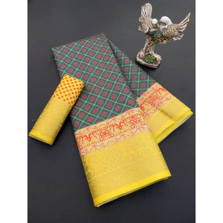 Women's Soft Dola Cotton Printed Saree With Unstitched Blouse 5.5Mtr (Multicolor)