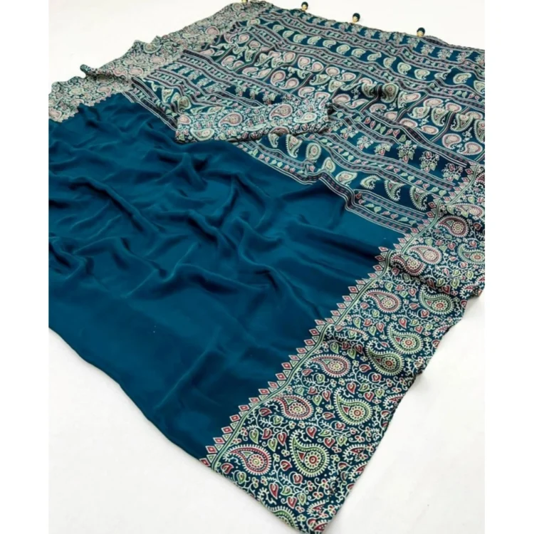 Women's Gajji Soft Silk Printed Saree With Unstitched Blouse 5.5Mtr (Blue)