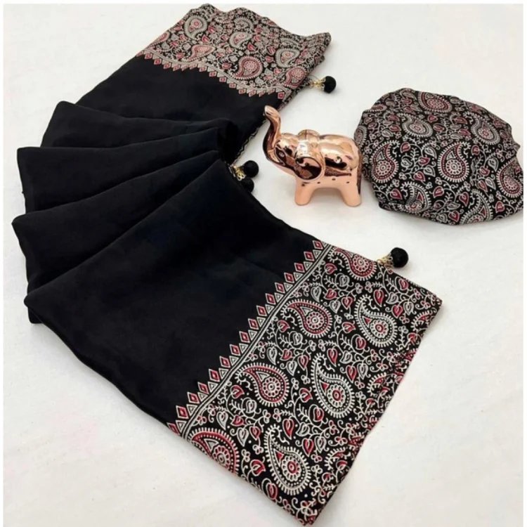 Women's Gajji Soft Silk Printed Saree With Unstitched Blouse 5.5Mtr (Black)