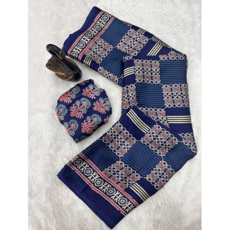 Women's Gajji Soft Silk Printed Saree With Unstitched Blouse 5.5Mtr (Blue)