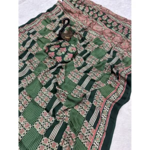 Women's Gajji Soft Silk Printed Saree With Unstitched Blouse 5.5Mtr (Green) - Image 2