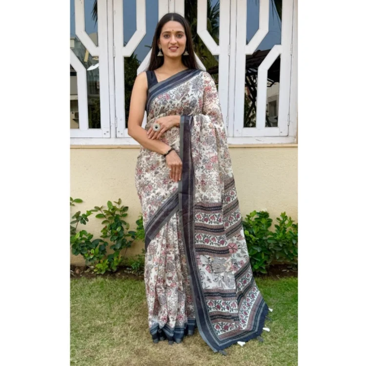 Women's Cotton Hand Bandhani Printed Saree With Unstitched Blouse 5.5Mtr (Gray)