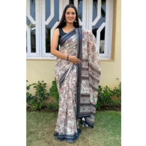 Women's Cotton Hand Bandhani Printed Saree With Unstitched Blouse 5.5Mtr (Gray) - Image 2