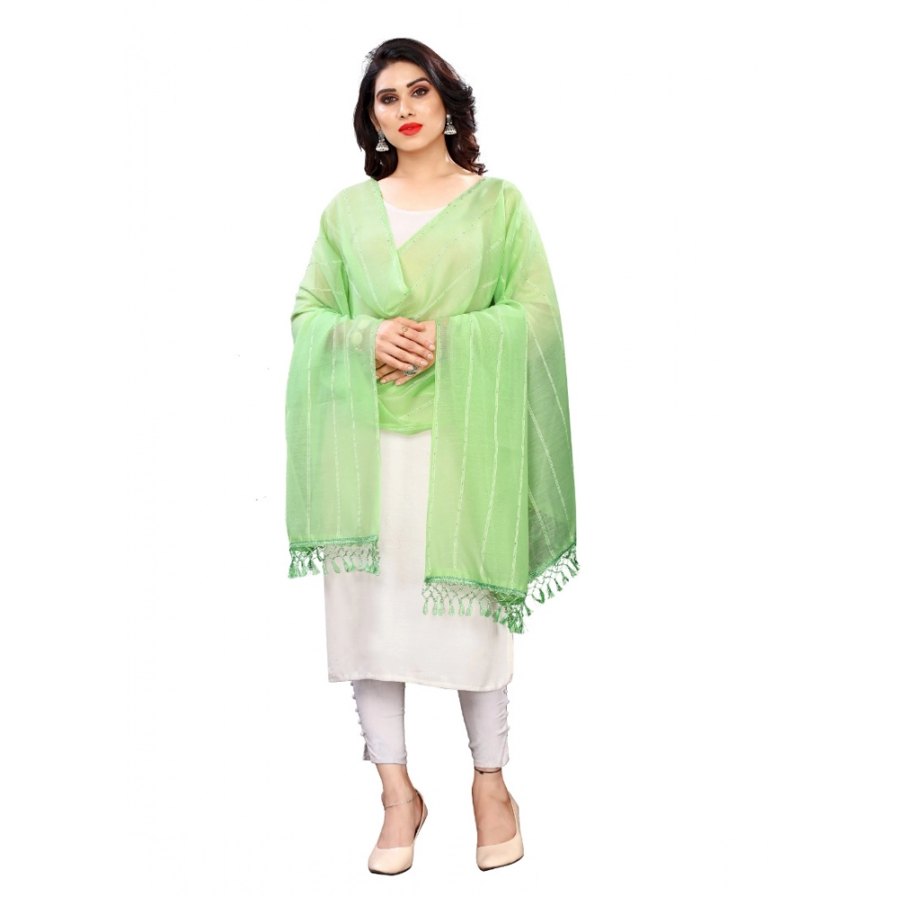 Women's Cotton Silk Strips Printed Dupatta (Parrot Green, Length:2-2.4 mtr)