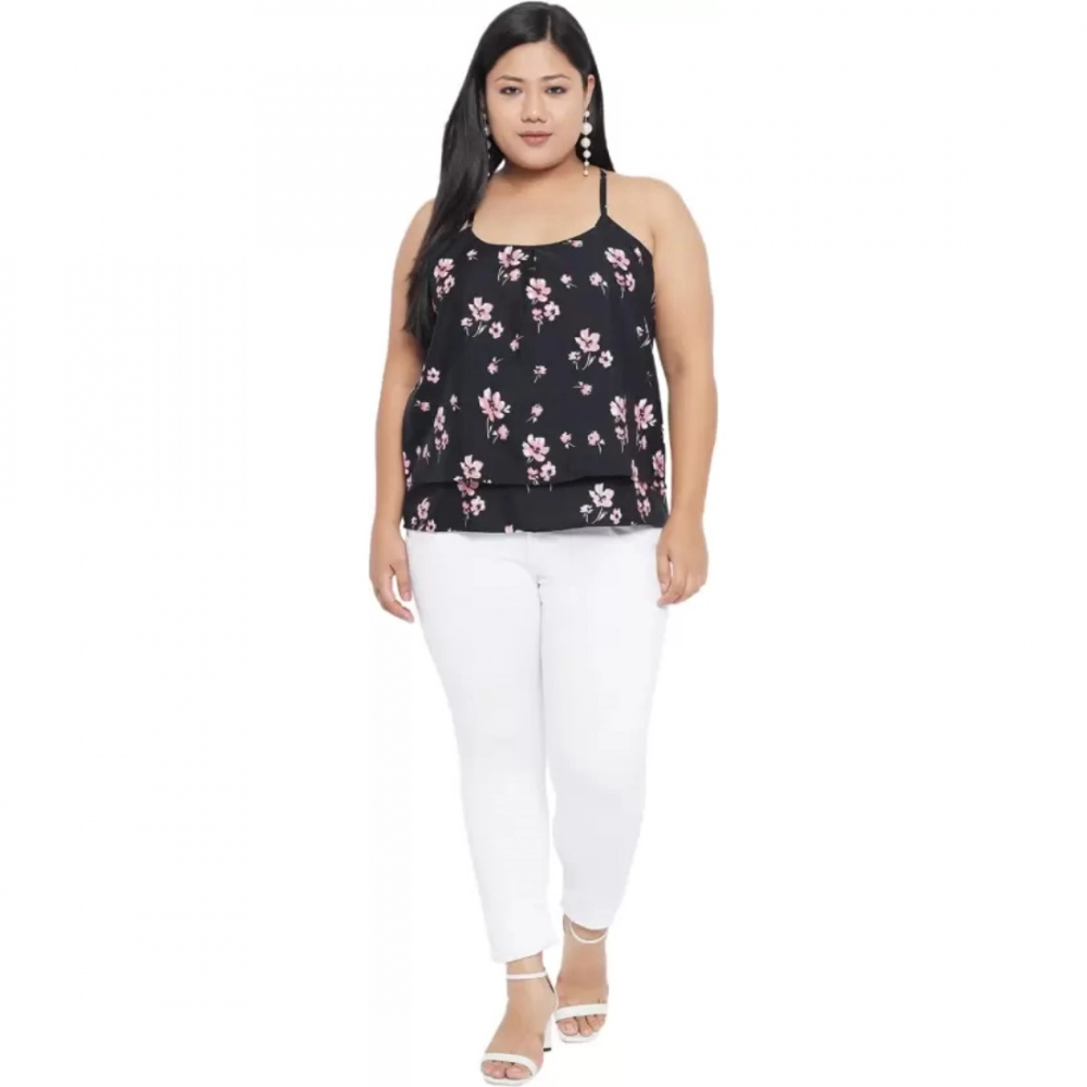 Women's Casual Floral Print Black Top (Color:Black, Material:Polyester) - Image 2