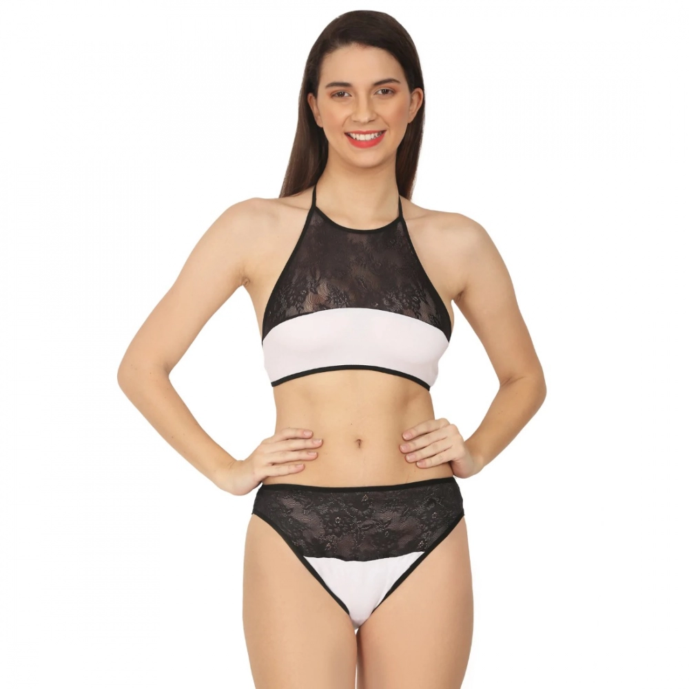 Women's Cotton Lace Halter Neck Lingerie Black Lace And White Color (White And Black) - Image 3