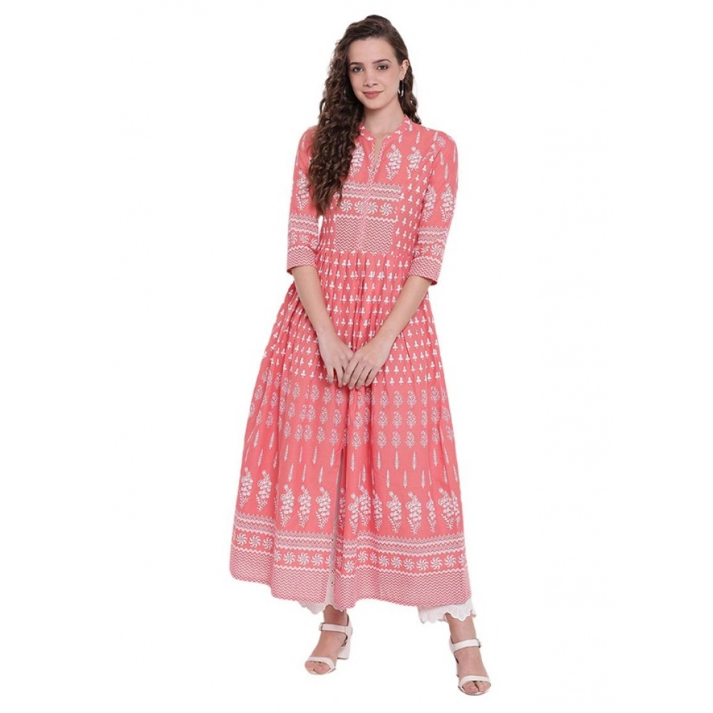 Women's Cotton Printed Regular Kurti (Peach, Cotton)