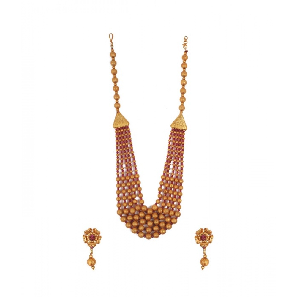 Women's Ethnic Five Layer Brass Mala With Crystal For Women And Girls (Red, Free Size)