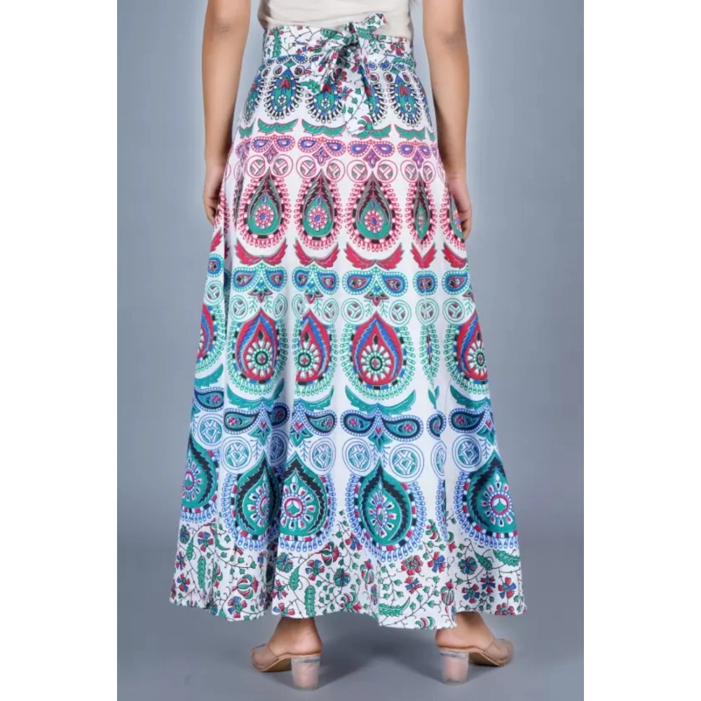 Women's Cotton Jaipur Printed Wrap Around Maxi Skirt (White, Free Size) - Image 3
