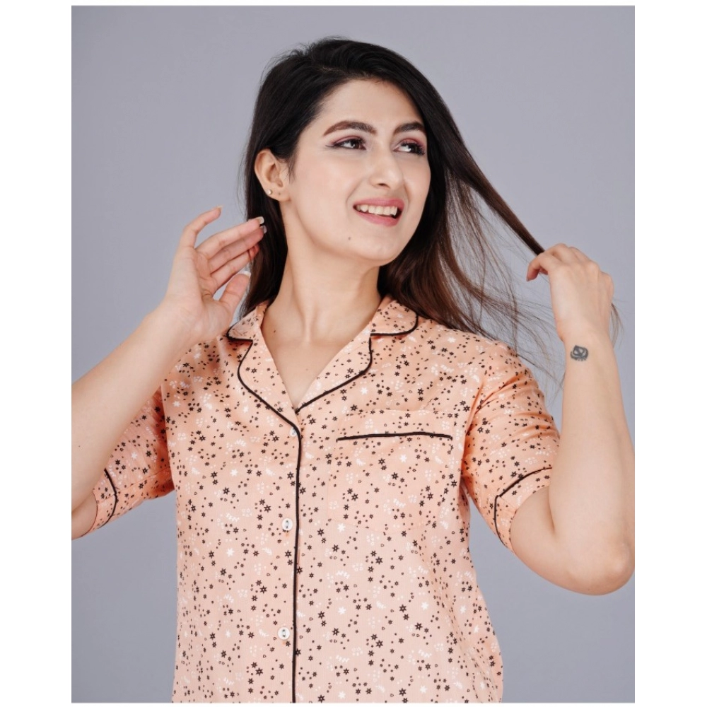 Women's Casual Half Sleeve Printed Viscose Rayon Shirt With Pyjama Pant Night Suit Set (Peach) - Image 2