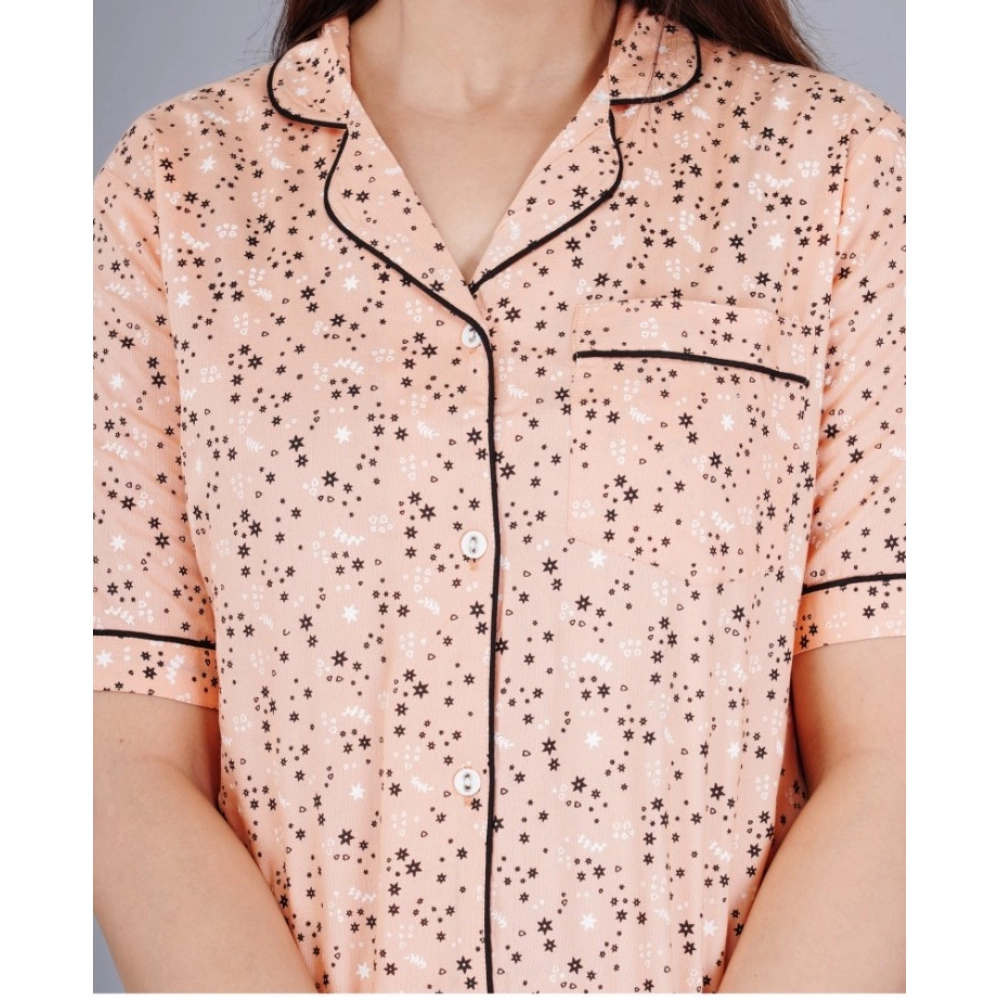 Women's Casual Half Sleeve Printed Viscose Rayon Shirt With Pyjama Pant Night Suit Set (Peach) - Image 3