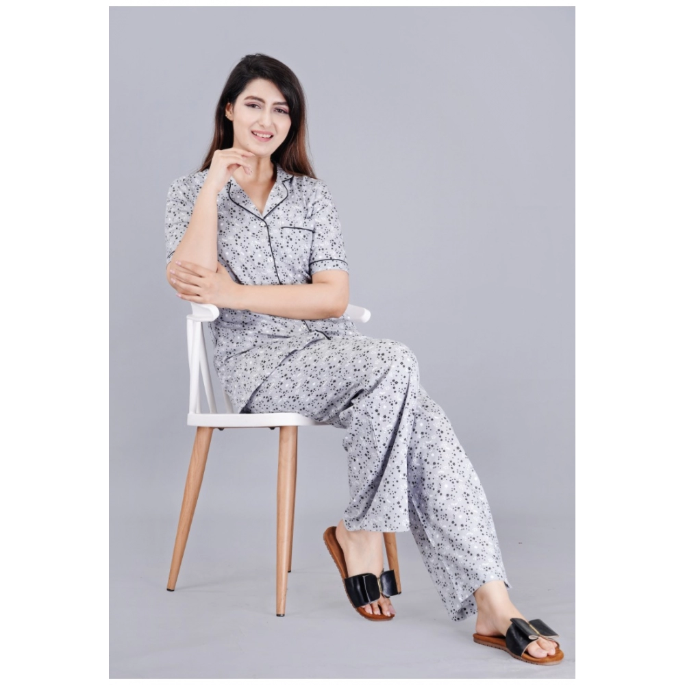 Women's Casual Half Sleeve Printed Viscose Rayon Shirt With Pyjama Pant Night Suit Set (Grey) - Image 2