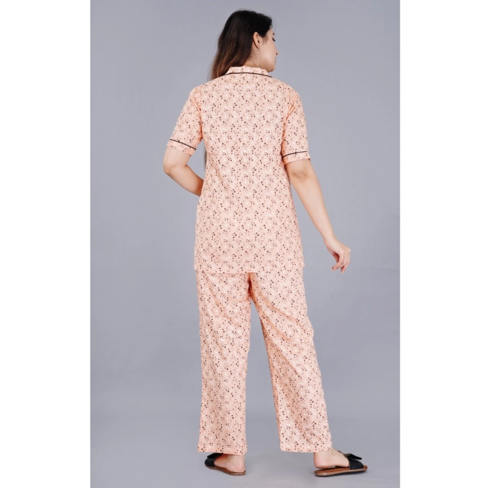 Women's Casual Half Sleeve Printed Viscose Rayon Shirt With Pyjama Pant Night Suit Set (Peach) - Image 6