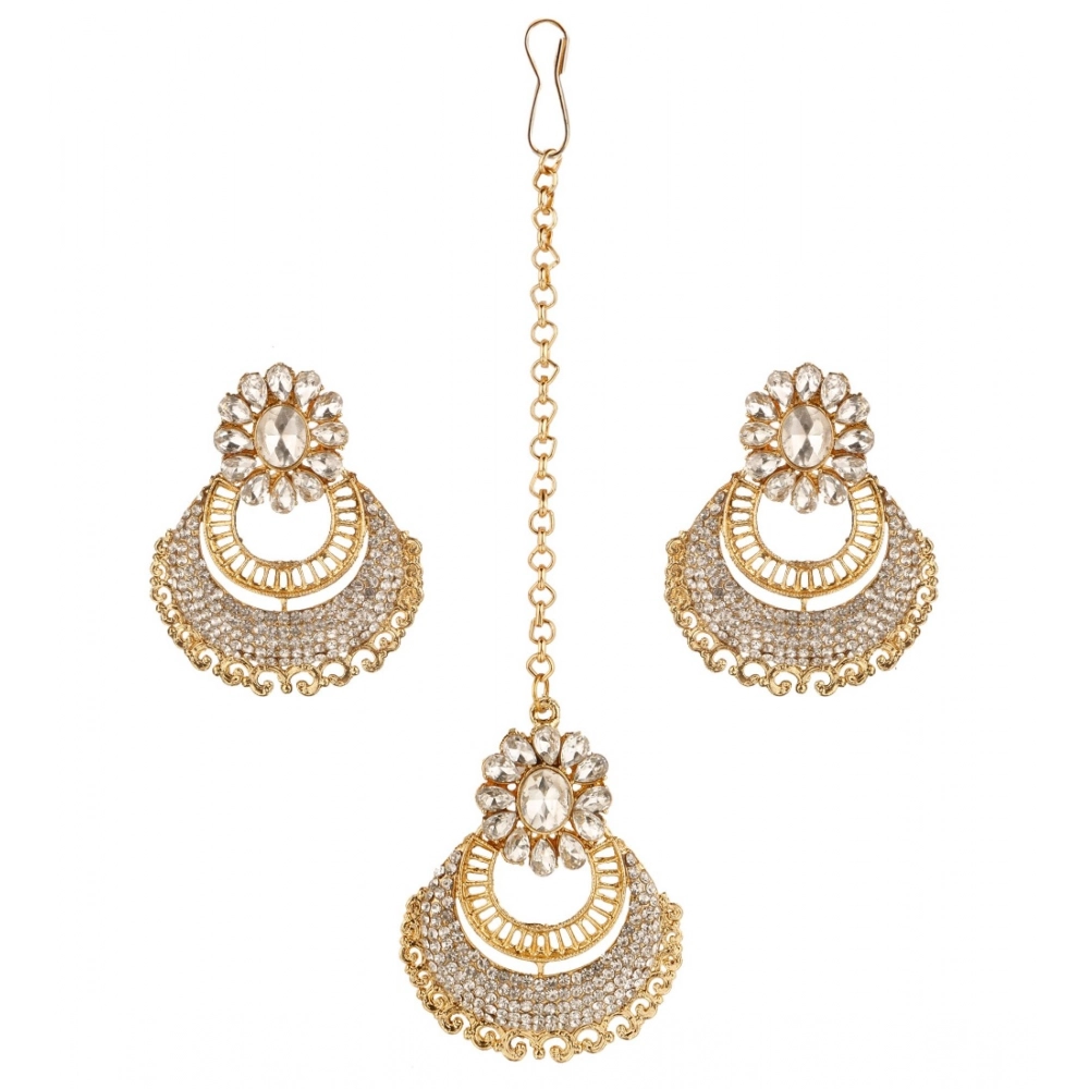 Women's Rose Gold Plated Alloy Kundan Earrings & Mangtikka (White)