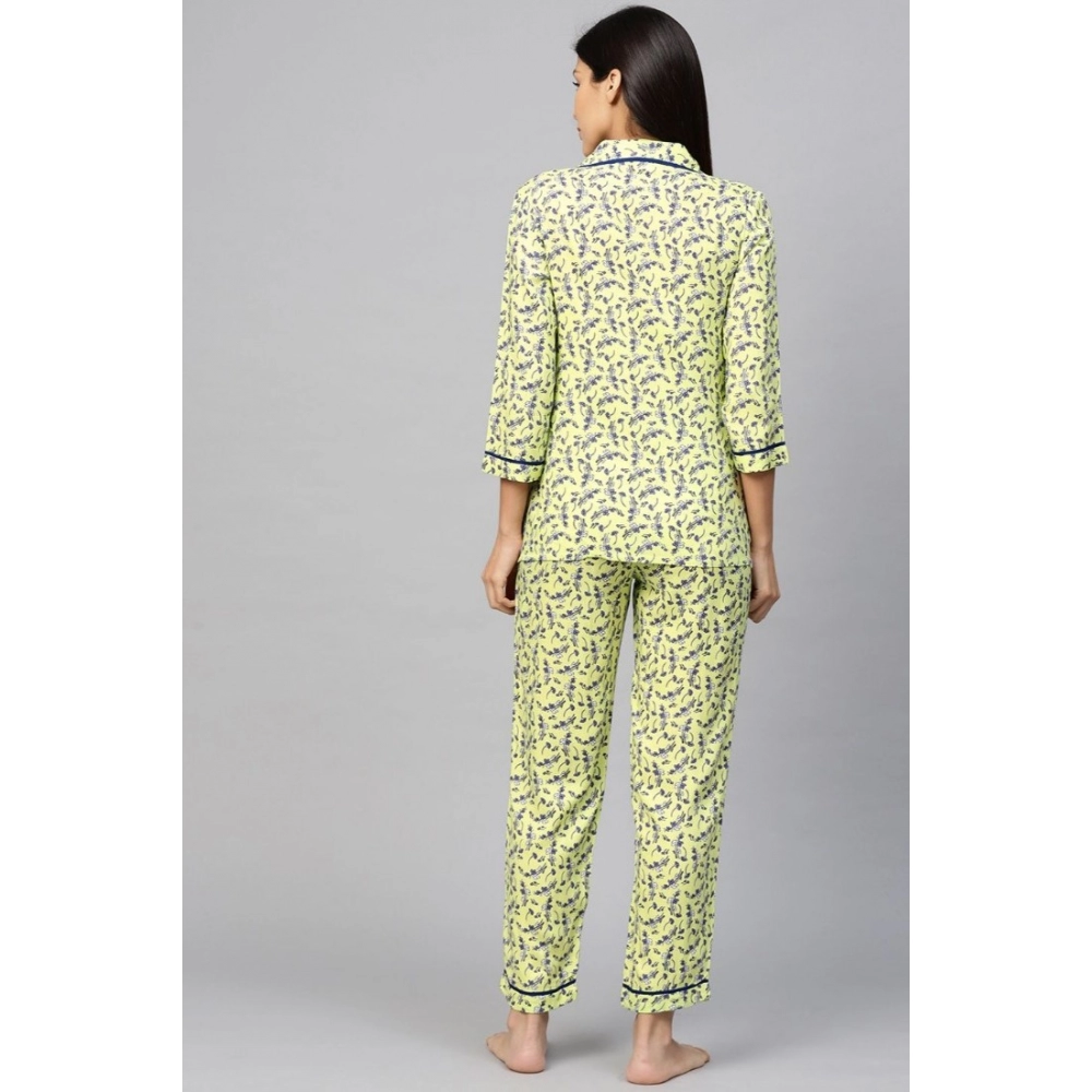 Women's Casual 3/4 Sleeve Floral Printed Rayon Shirt With Pyjama Pant Night Suit Set (Green) - Image 2
