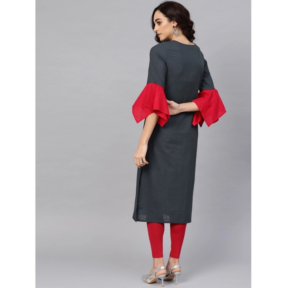 Women's Casual Bell Sleeves Mirror Work Cotton Slub Kurti (Grey) - Image 2