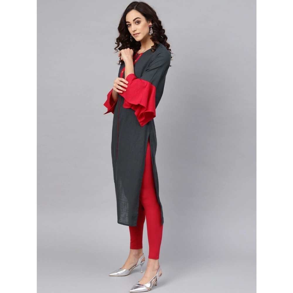 Women's Casual Bell Sleeves Mirror Work Cotton Slub Kurti (Grey) - Image 5