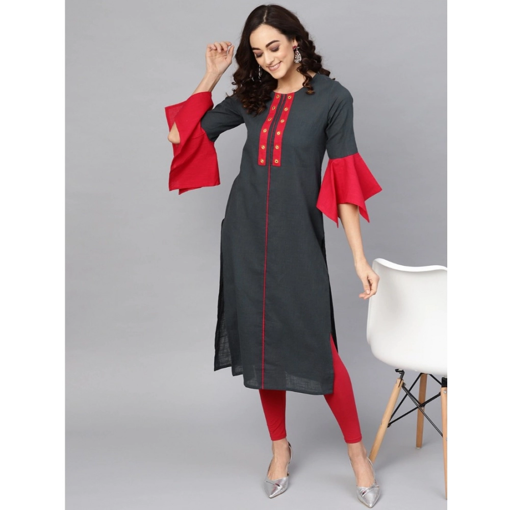 Women's Casual Bell Sleeves Mirror Work Cotton Slub Kurti (Grey) - Image 3