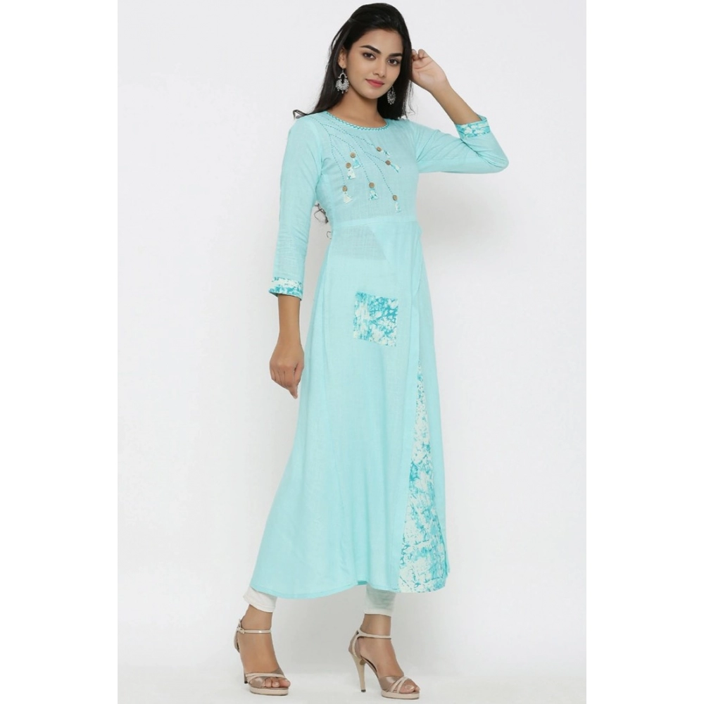 Women's Casual 3/4 th Sleeve Embroidery Rayon Kurti (Sky Blue) - Image 3